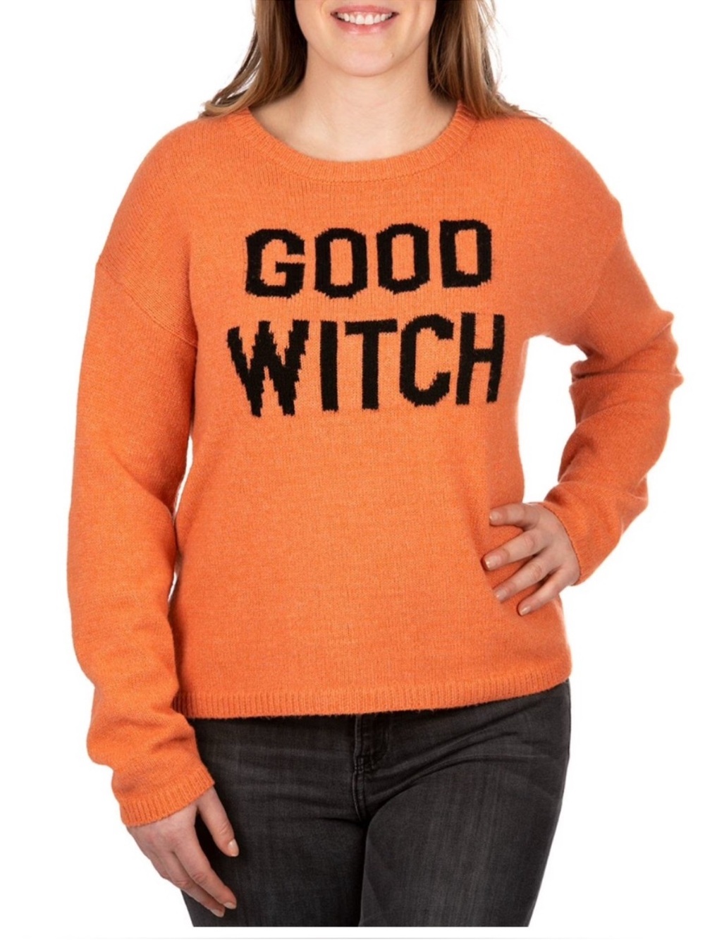 State of Mind Orange Crewneck Sweater with Black "GOOD WITCH" Text